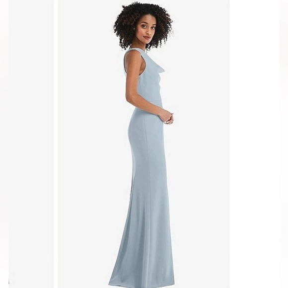 After Six One Shoulder Draped Cowl Neck Maxi Dress Blue Mist Size 12 Bridesmaid - Picture 3 of 12
